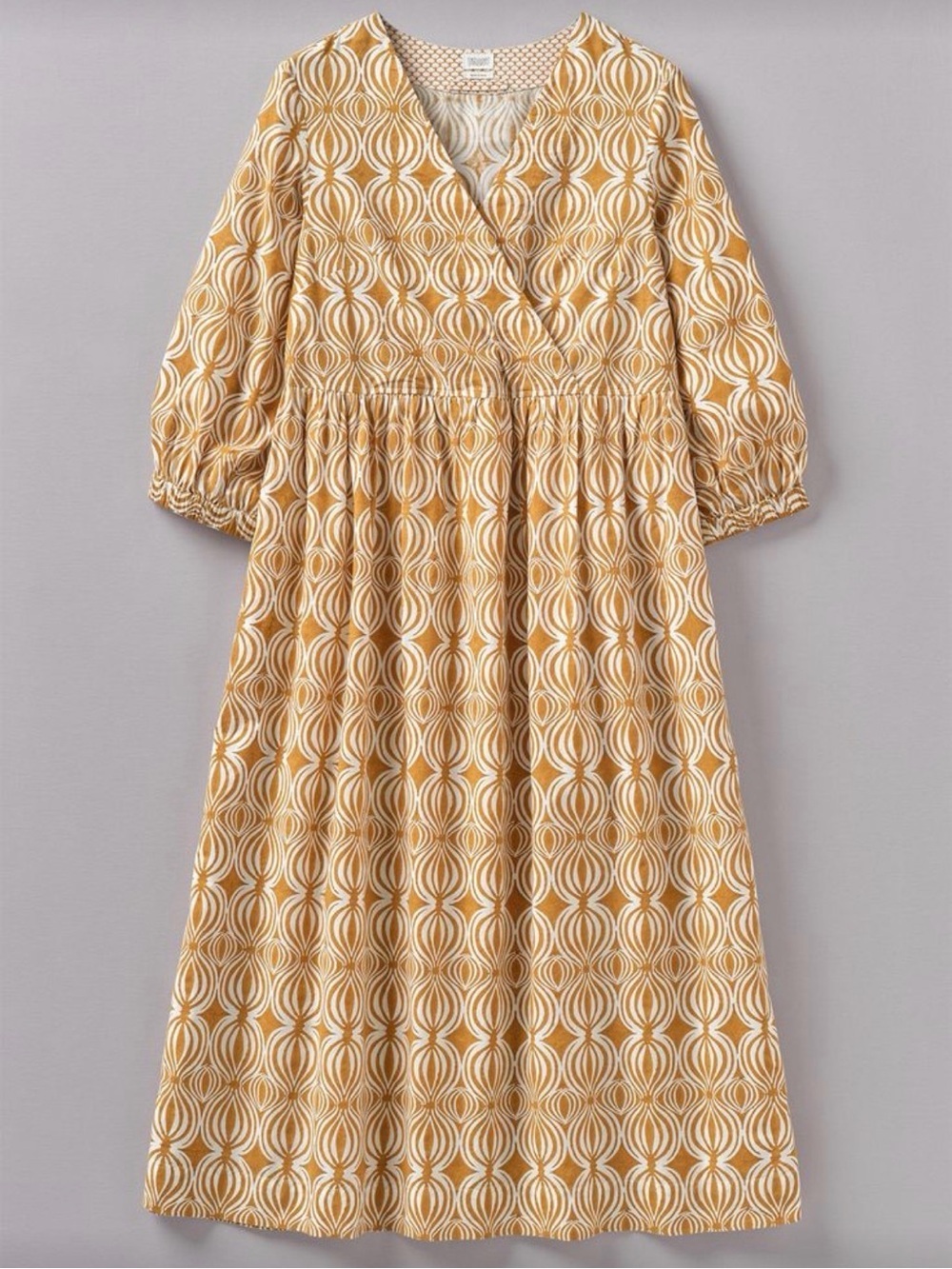 Toast UK Cross Front Yellow Seed Pod Block Print Midi Dress Size Small Cotton